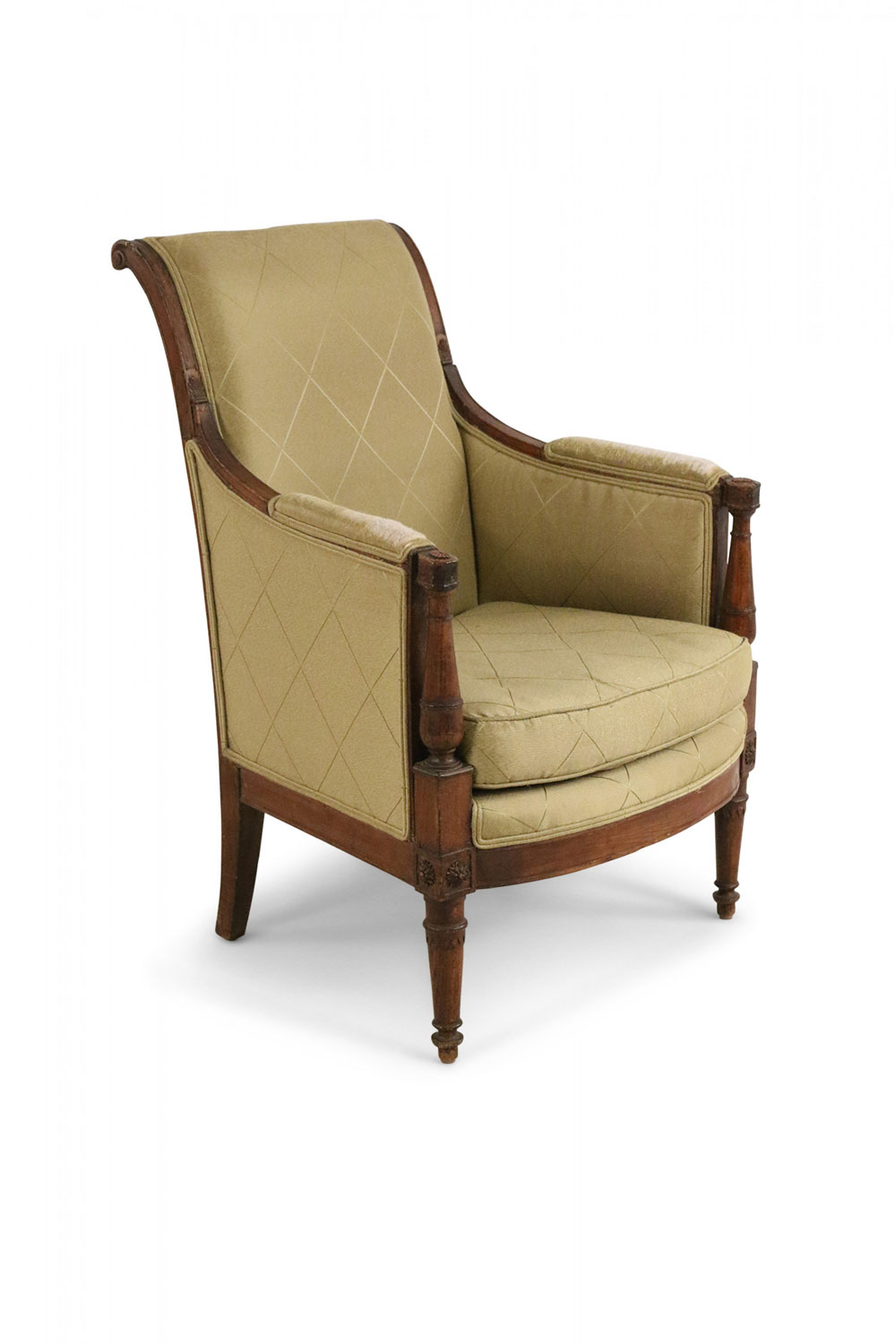 French Directoire Green Diamond Pattern Upholstered Mahogany Bergere Armchaira