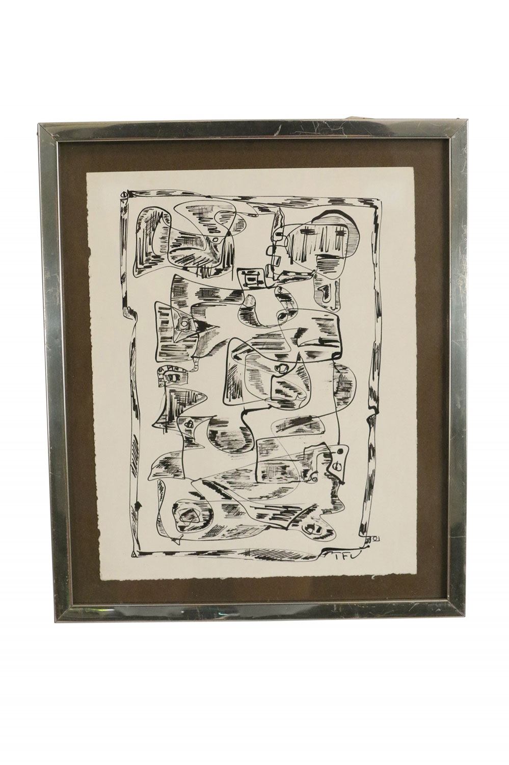 Vintage Silver Framed Abstract Pen and Ink Drawing