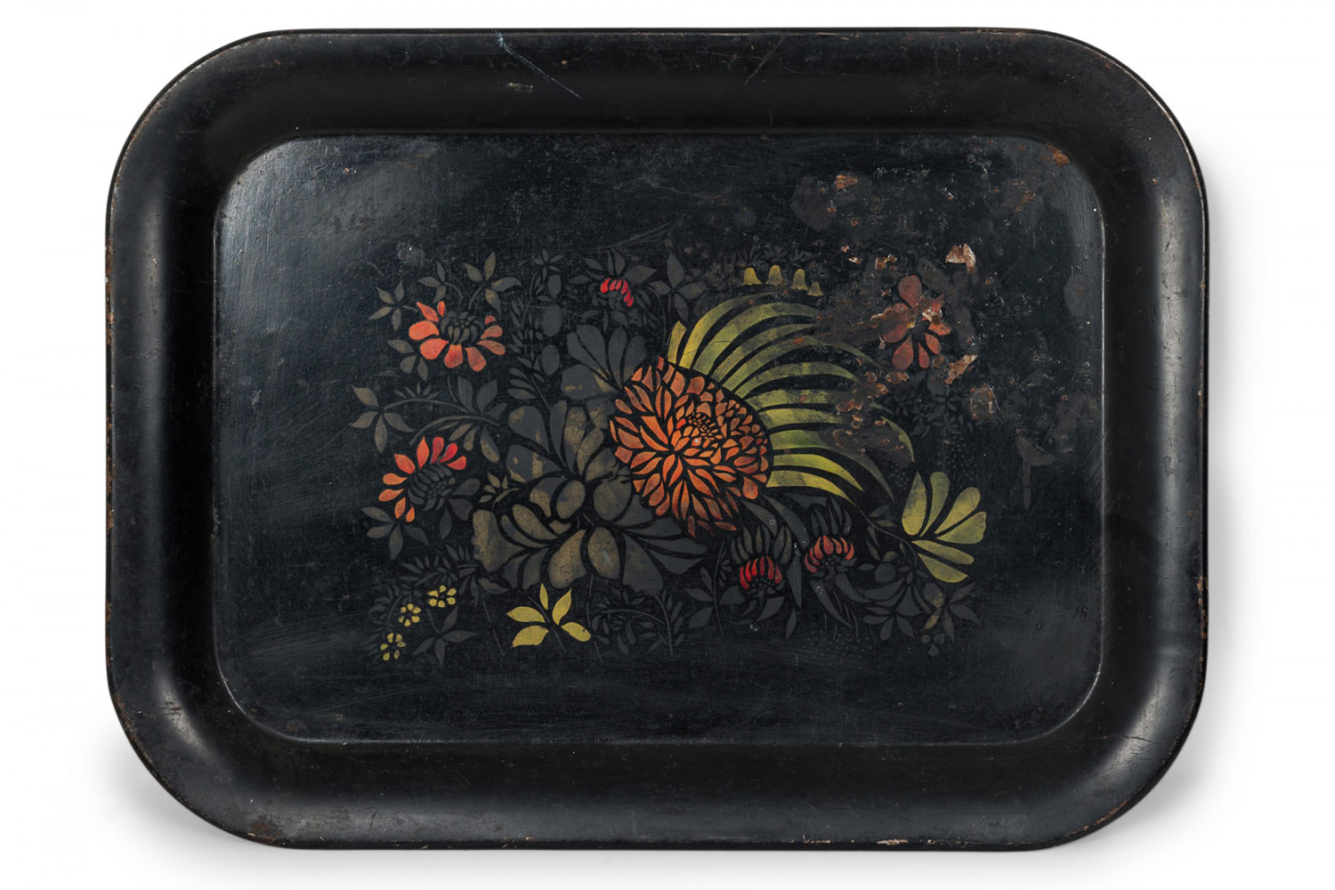 English Victorian Floral Black Tole Serving Tray