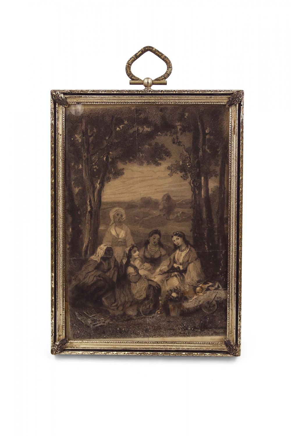 French Victorian Silver Framed Engraving of Women Having a Picnic