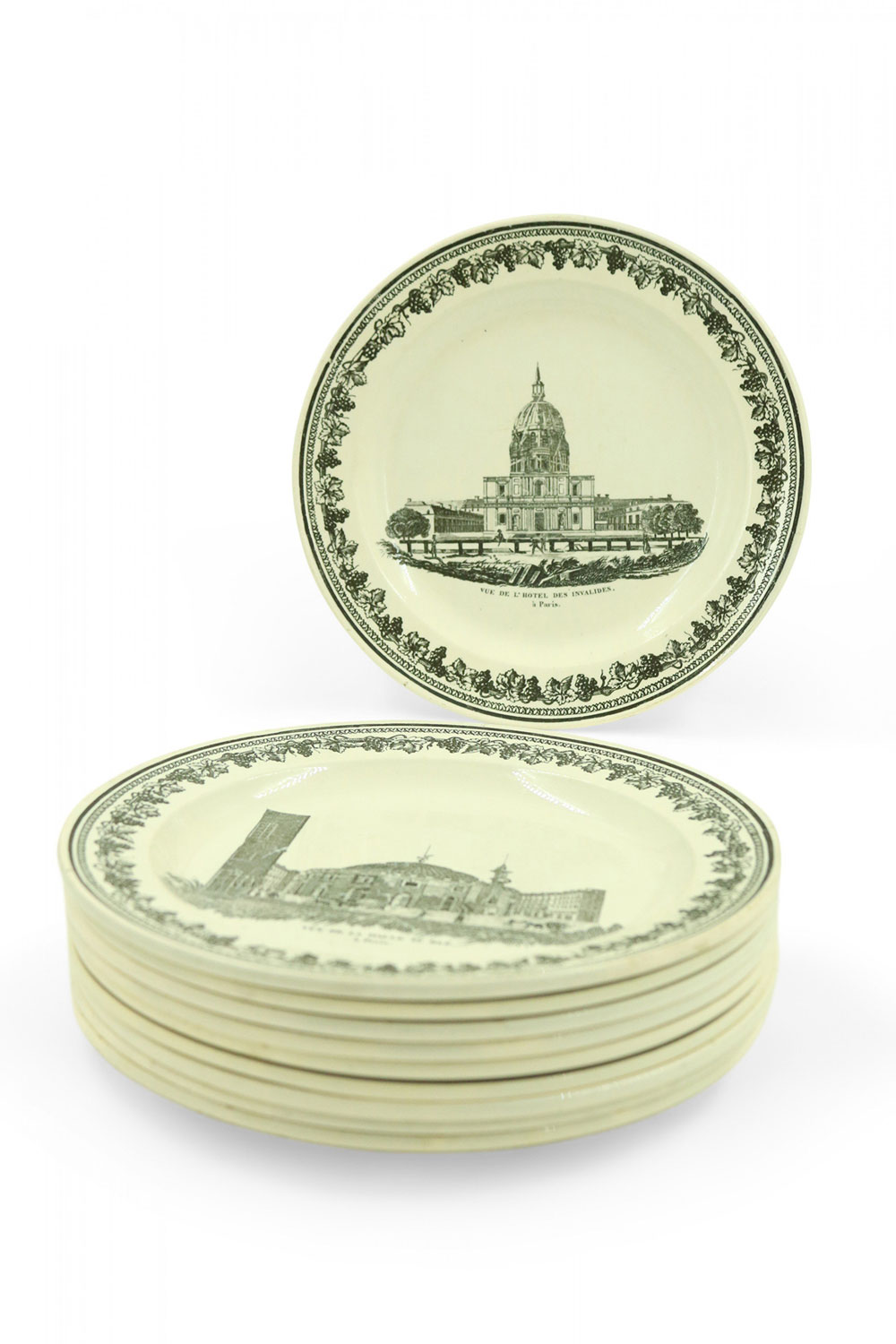 Set of French Victorian Black and White Architectural Patterned Ceramic Plates