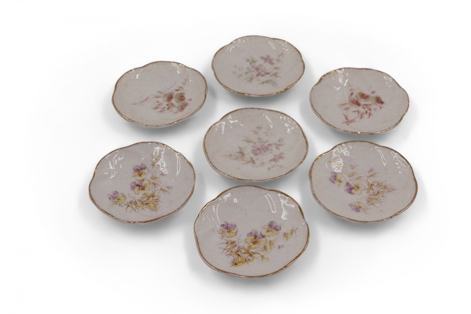 Set of 7 French Victorian Small Gilt Rim Floral Porcelain Plates