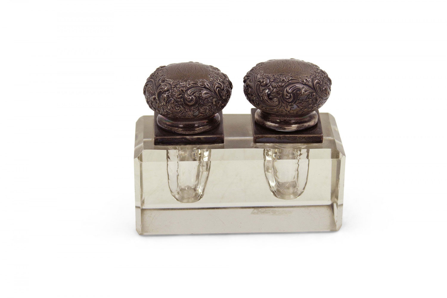 French Victorian Embosed Pewter and Glass Inkwell