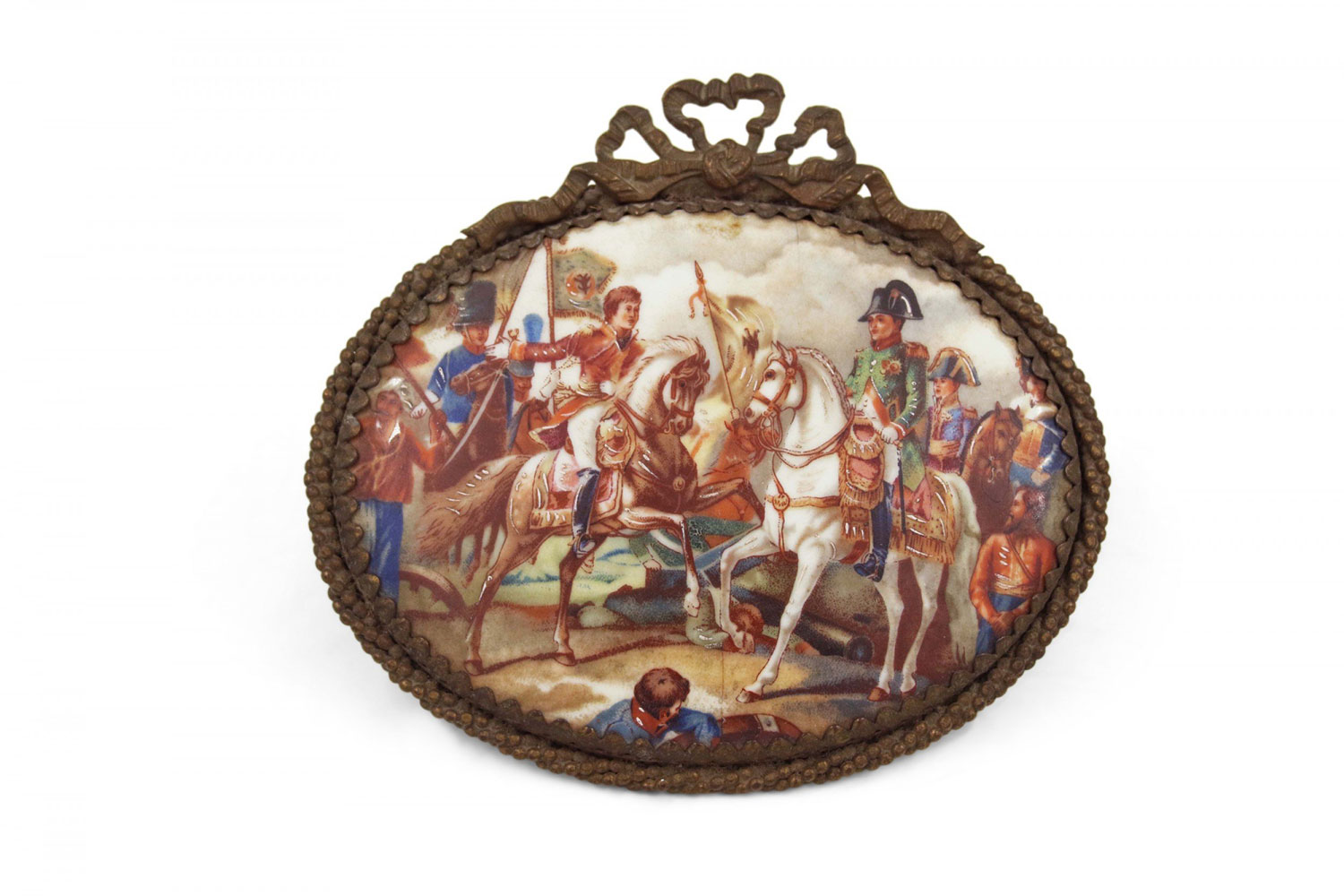 French Louis XVI Style Painted Porcelain Battle Scene in Gilt Bow Knot Pediment Frame