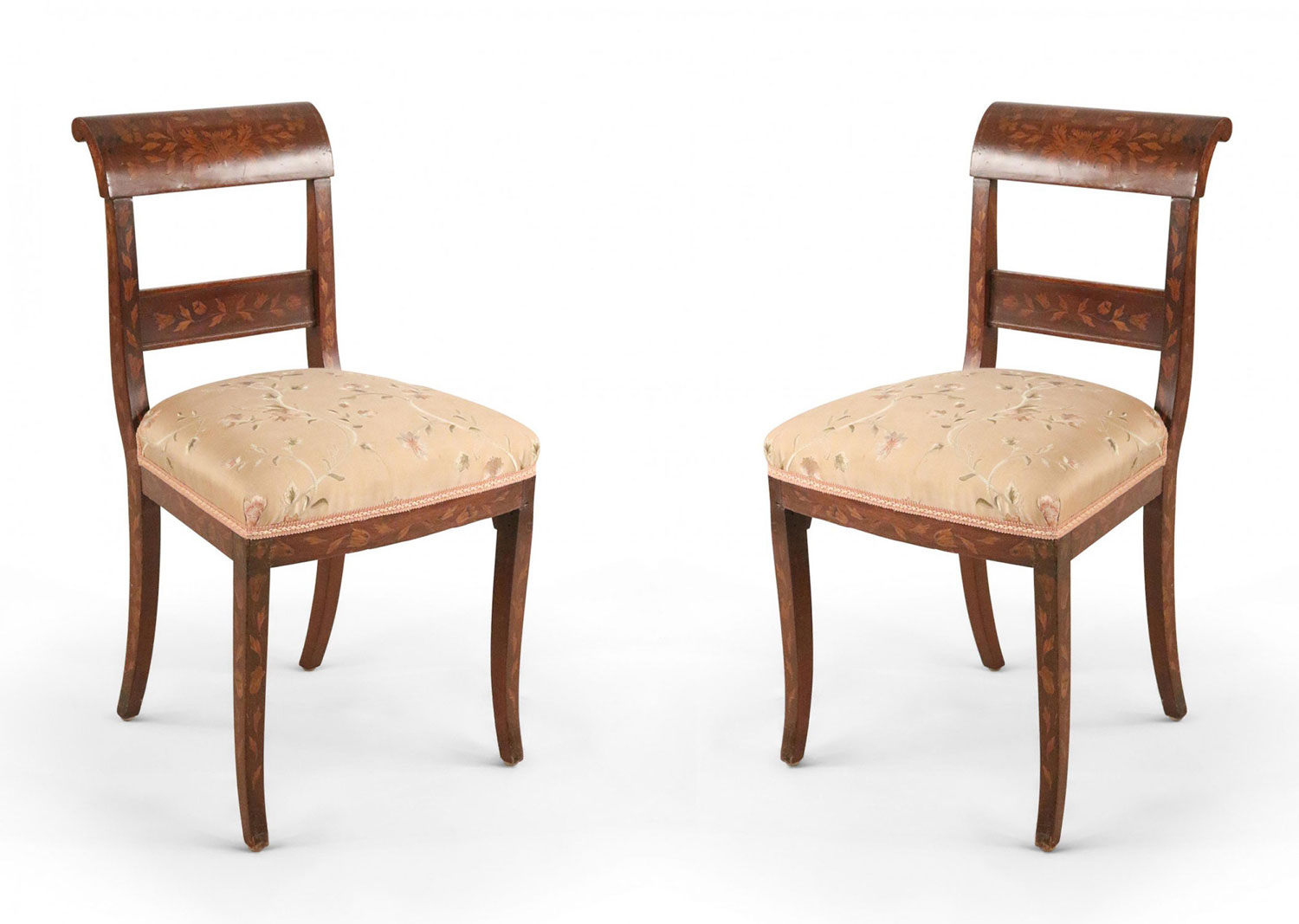 Pair of Dutch Marquetry Inlaid Mahogany and Embroidered Silk Side Chairs