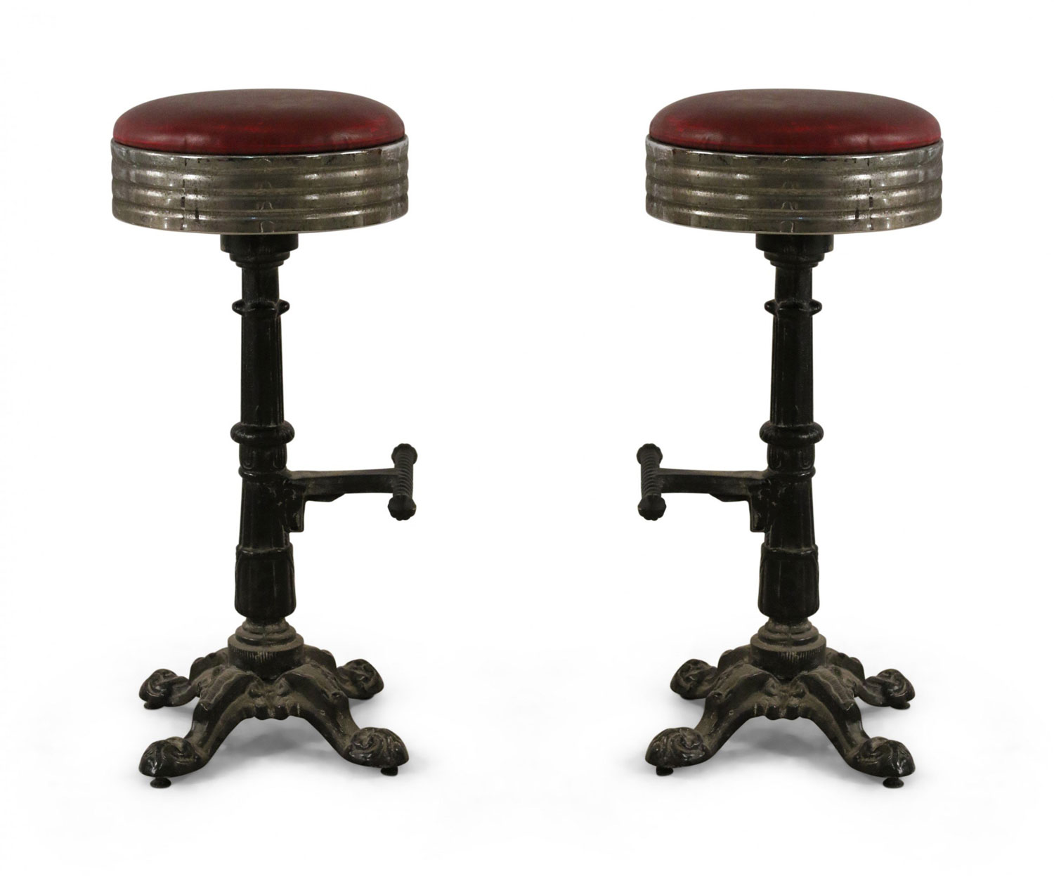 Mid Century American Red Vinyl and Cast Metal Bar Stools