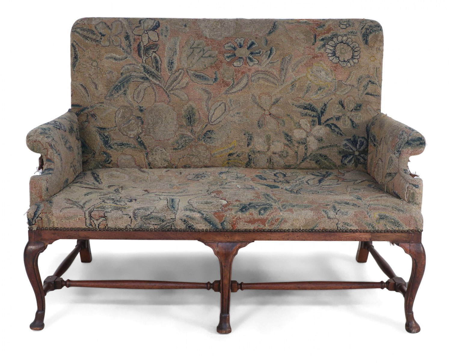 English Queen Anne Needlepoint Tapestry and Walnut Settee