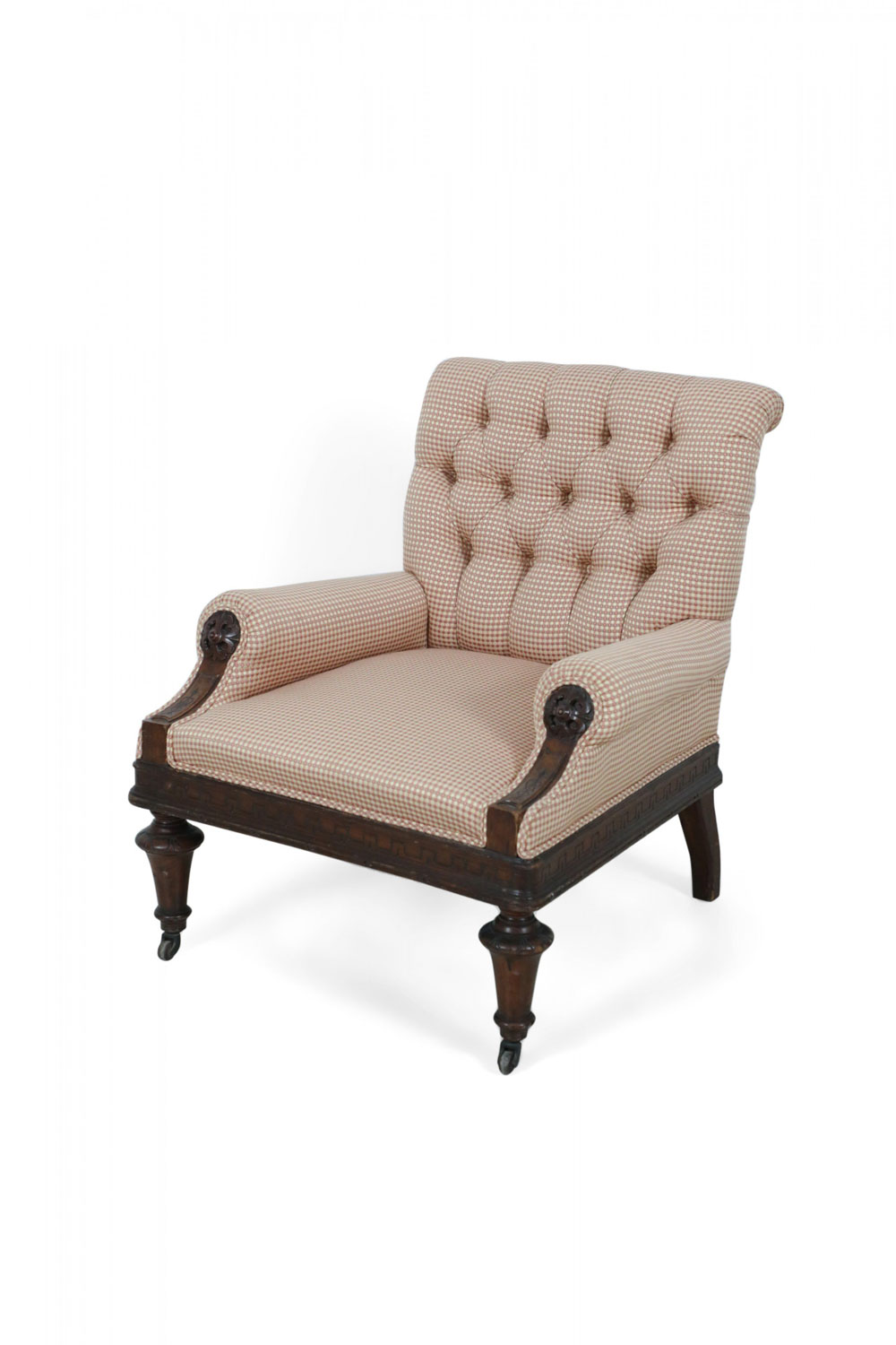 American Victorian Tufted Upholstered Red and Beige Checkered Mahogany Armchair