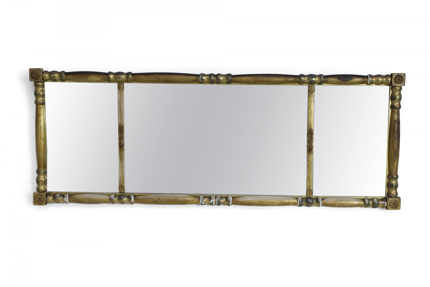 American Empire Column Form 3 Section Giltwood Overmantel Wall Mirror