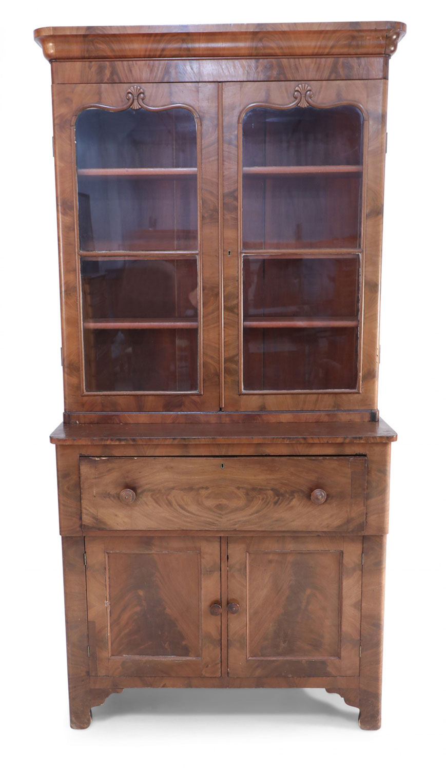 American Victorian Walnut Secretary Glass Front Cabinet