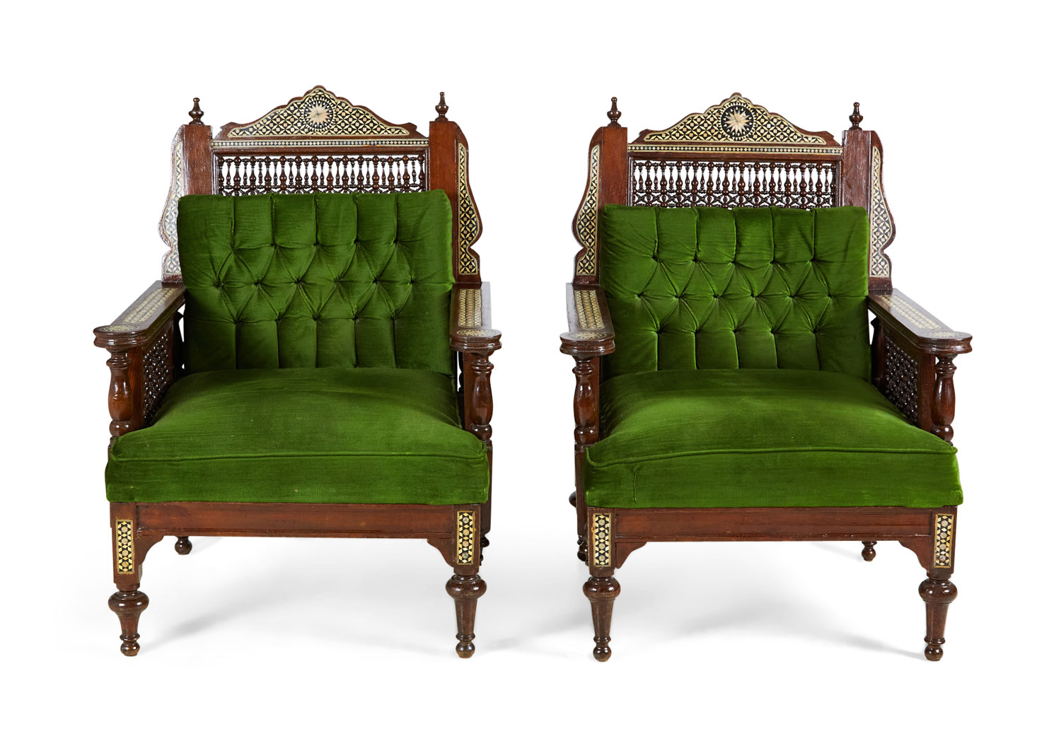 Pair of syrian style 20th cent inlaid and upholstered walnut armchairs