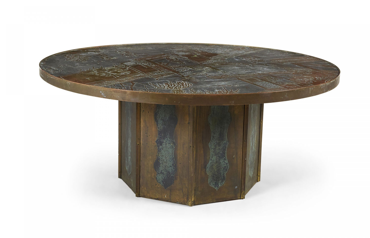 Phillip kelvin laverne mid century circular etched bronze chan coffee cocktail table