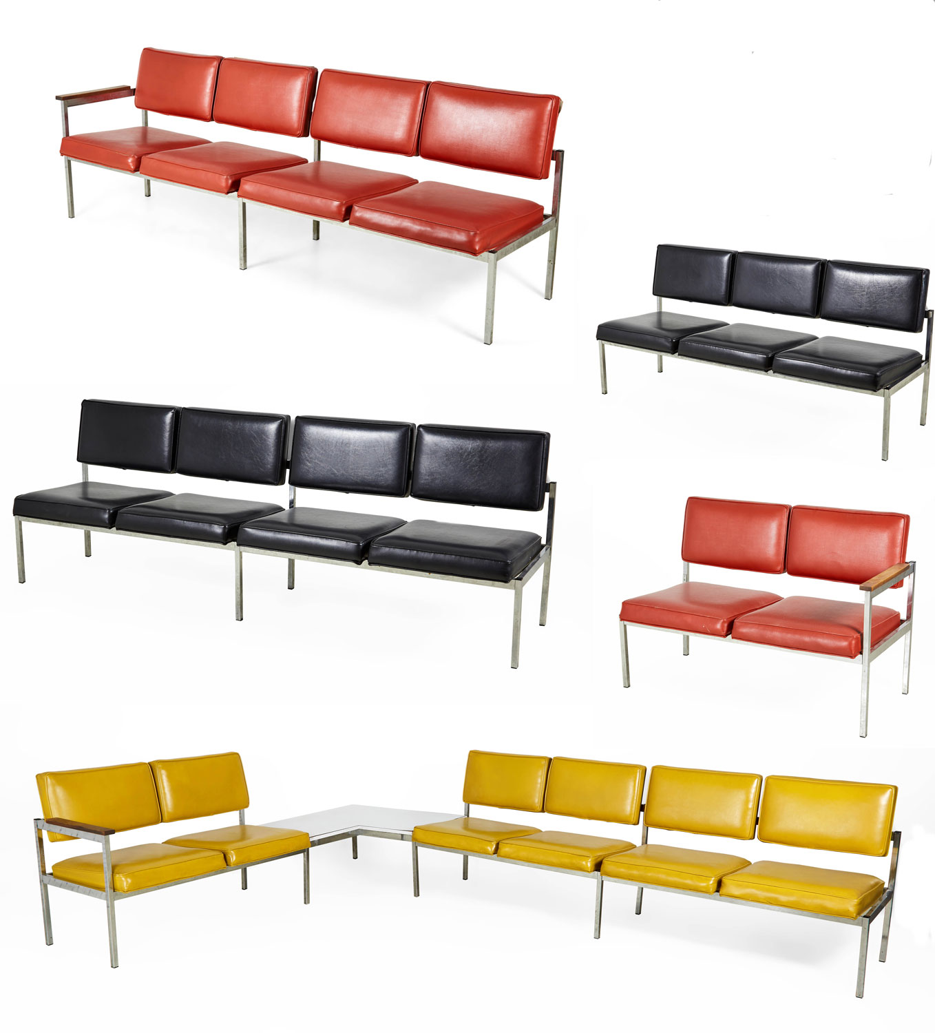 Set of 6 American Mid Century circa 1970s Yellow Orange and Black Vinyl and Chrome Office Benches with Tables