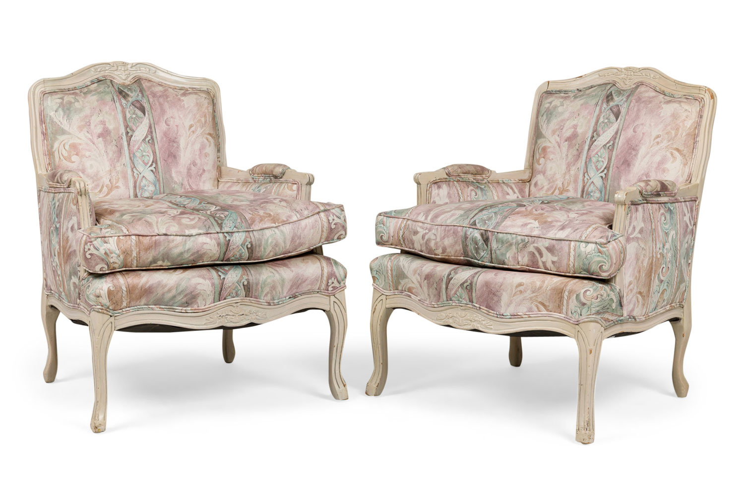 Pair of vintage french louis xv style dusty pink floral upholstered bergeres armchairs