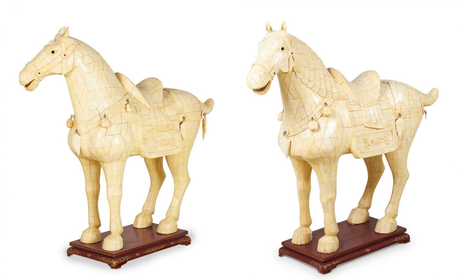 Pair of Chinese Tang Dynasty Style Tessellated Bone Veneer Monumental Horse Statues