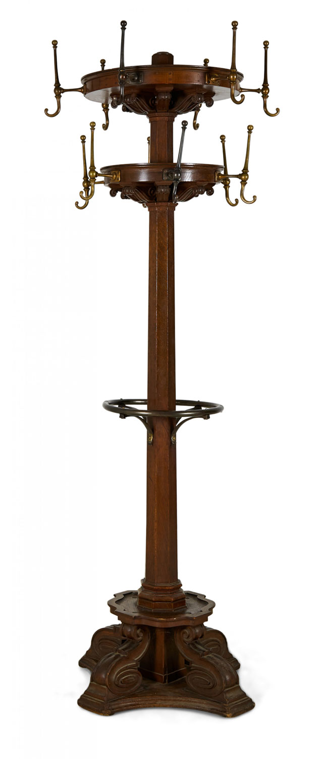 American Victorian Carved Oak and Brass Coat Hatrack