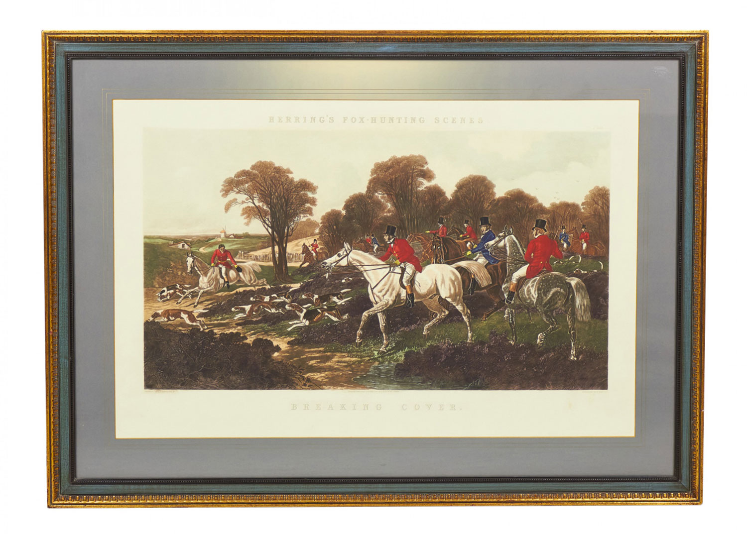 Framed English Victorian Lithograph Print of Huntsmen and Dogs Breaking Cover
