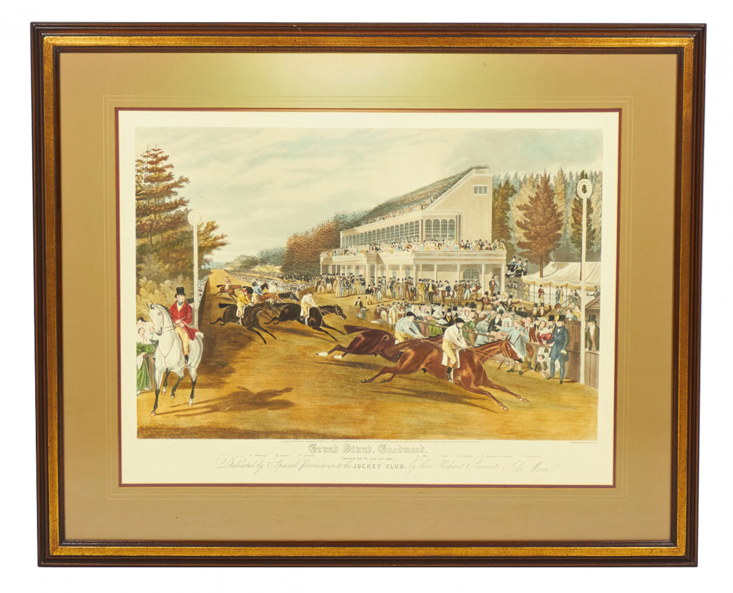 Framed English Georgian Lithograph Print of a Horse Race and Spectators