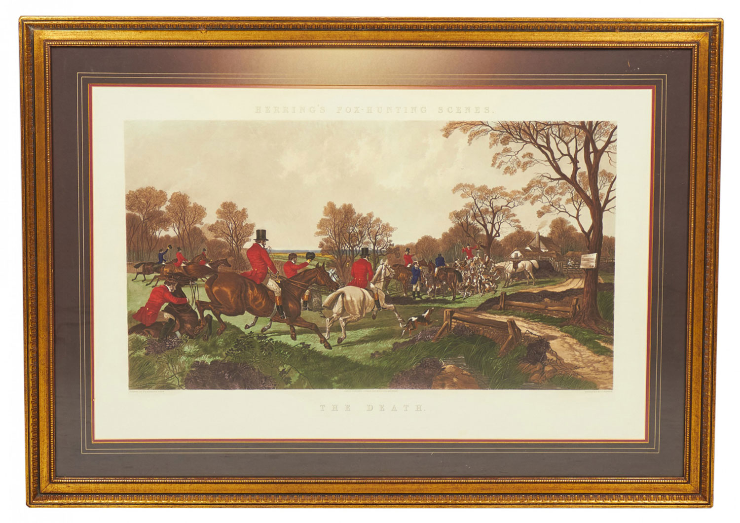Framed English Victorian Lithograph Print of The Capture of a Fox on a Hunt