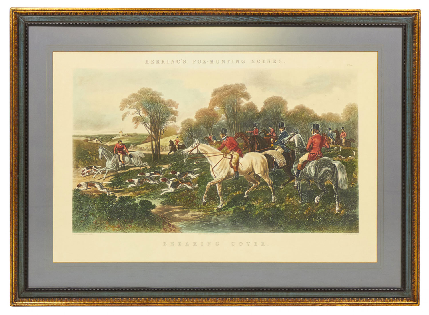 Framed English Victorian Lithograph of a Hunting Party of Men Horses and Dogs