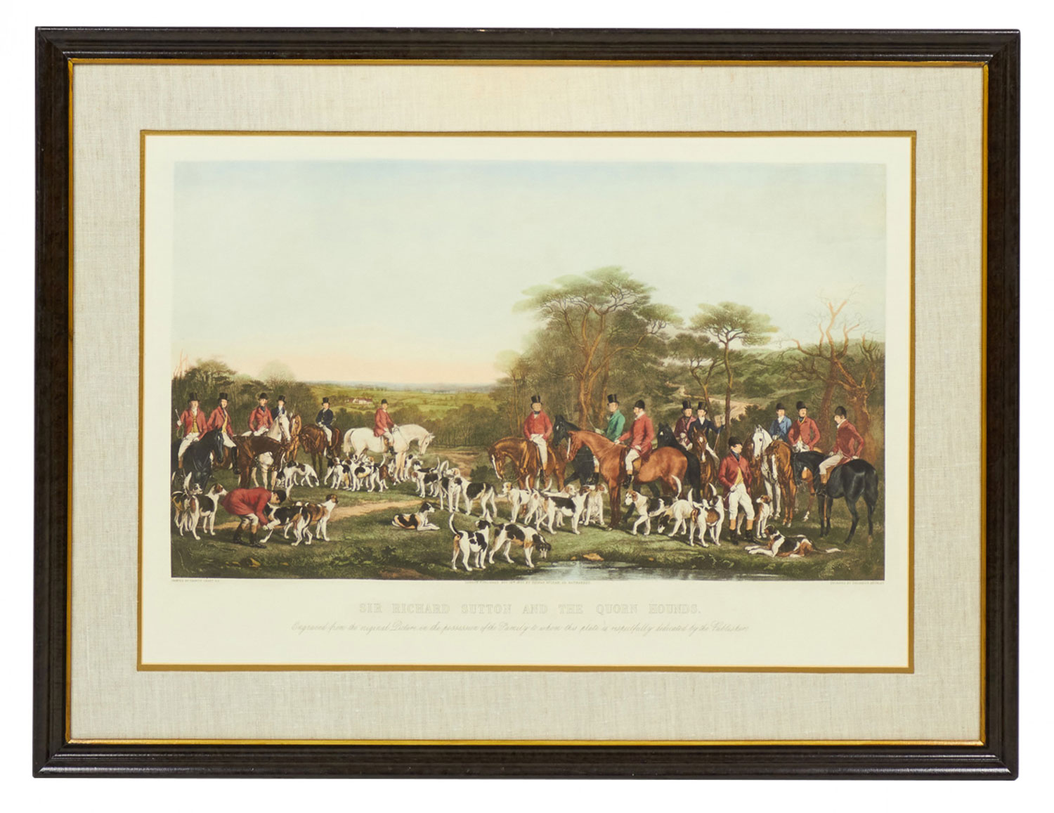Framed English Victorian Lithograph Print of Sir Richard Suttons Hunting Party