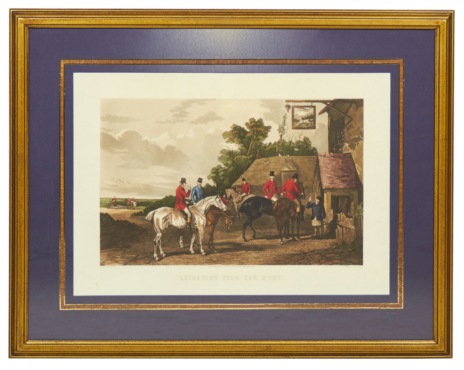 English Victorian Lithograph of Men Returning to Town on Horses after a Hunt