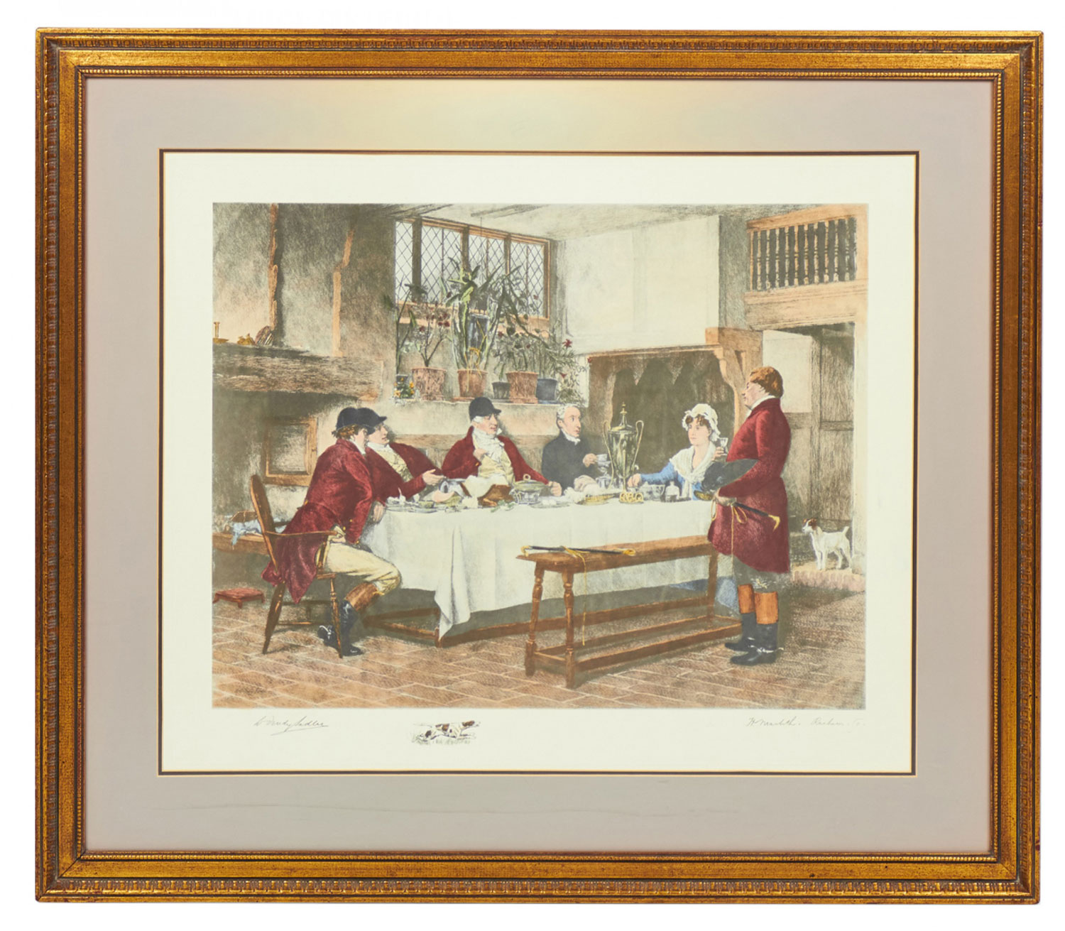 English Victorian Lithograph of Hunters and Others Gathering for a Meal