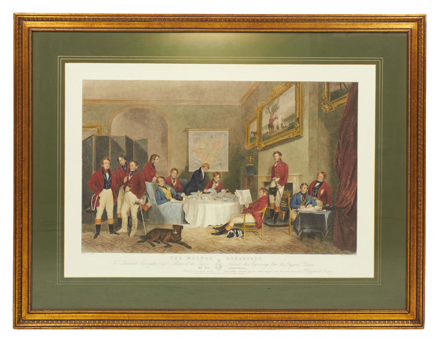 Framed English Victorian Lithograph of Men Gathering for Breakfast