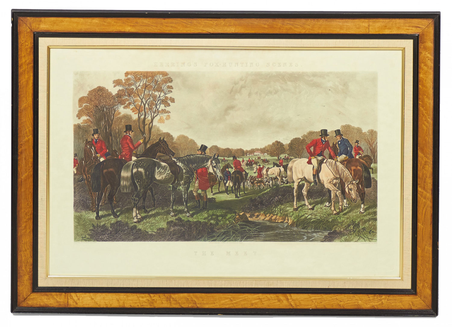 Framed English Victorian Lithograph of Men Gathering on Horseback for a Hunt Near a Stream