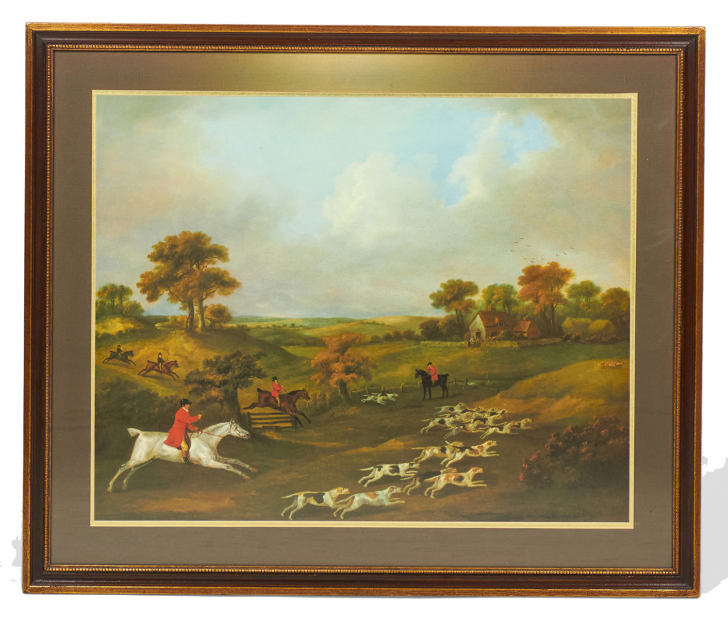 Framed English Victorian Painting of Hunters and Dogs Bounding Across a Field