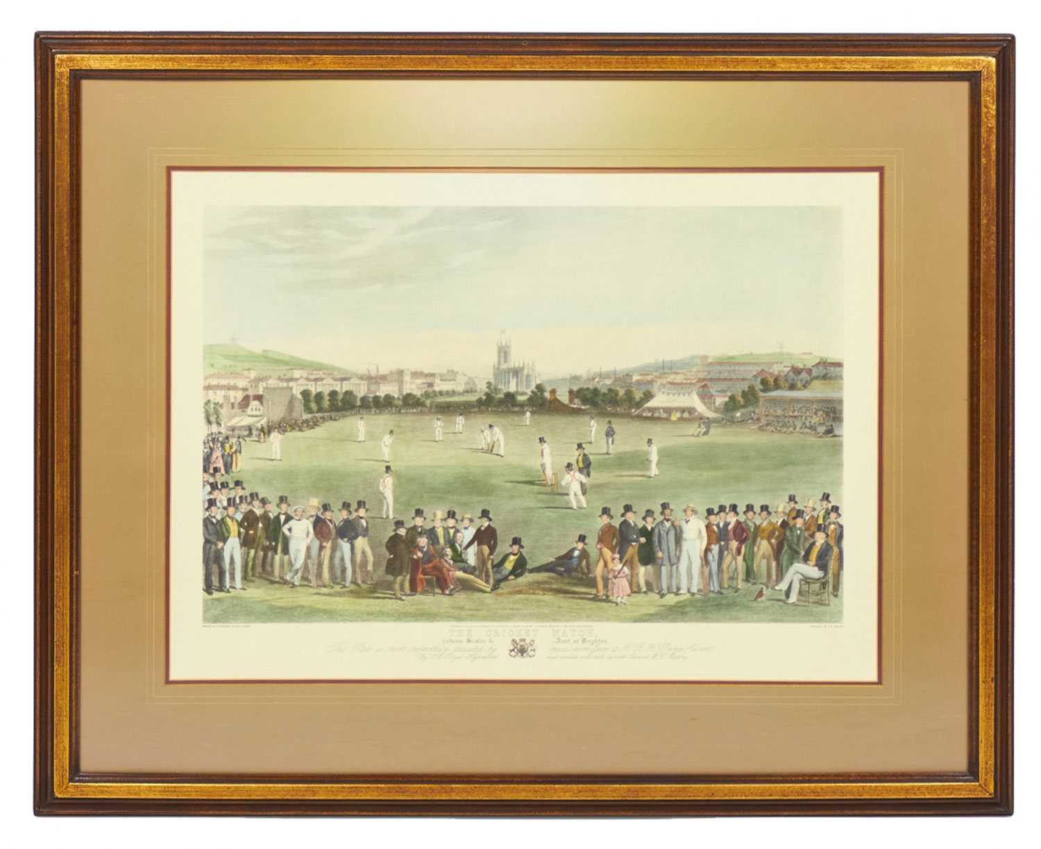 Framed English Victorian Lithograph of a Crowd Gathering to Watch a Cricket Match