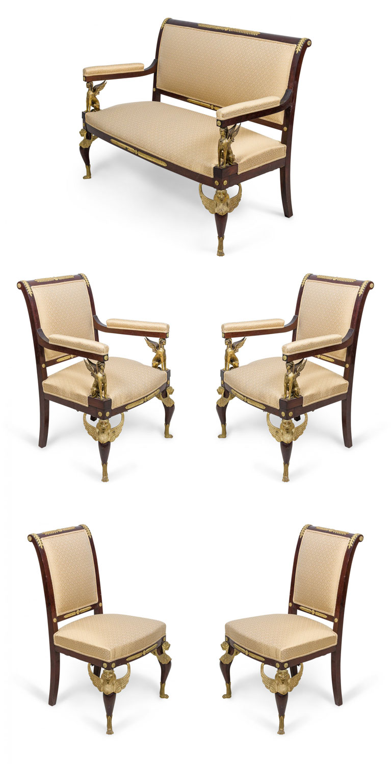 Empire Revival Upholstered Mahogany and Ormolu 7 Piece Salon Set