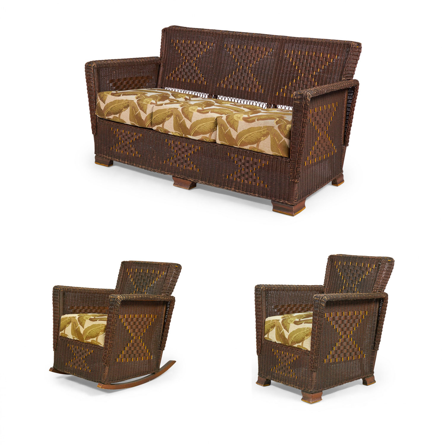 American Art Deco 3 Piece Wicker Salon Set