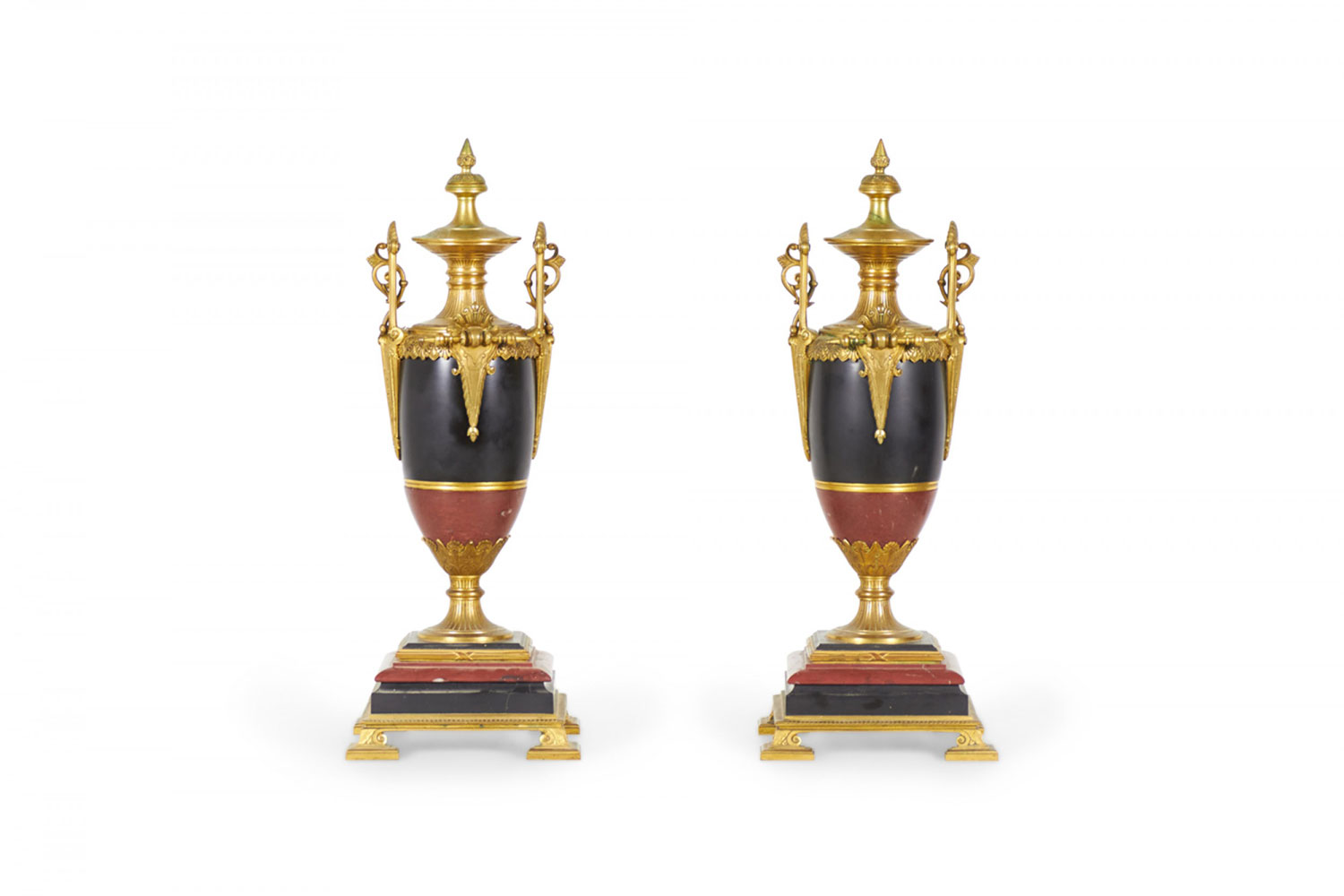 Pair of French Empire Gilt Bronze and Marble Urns