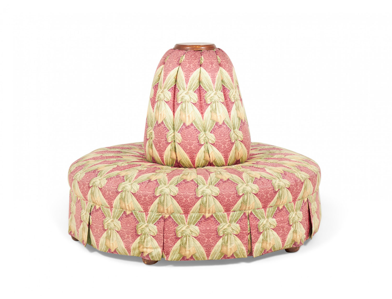 American Victorian Oak and Pink and Green Patterned Fabric Upholstered Circular Borne Settee