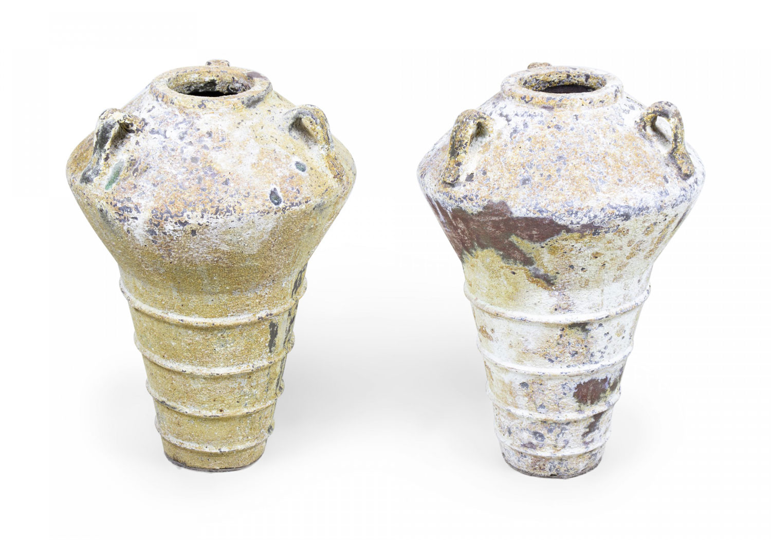 Pair of Outdoor Cast Iron Urns with Beige and Brown Patina