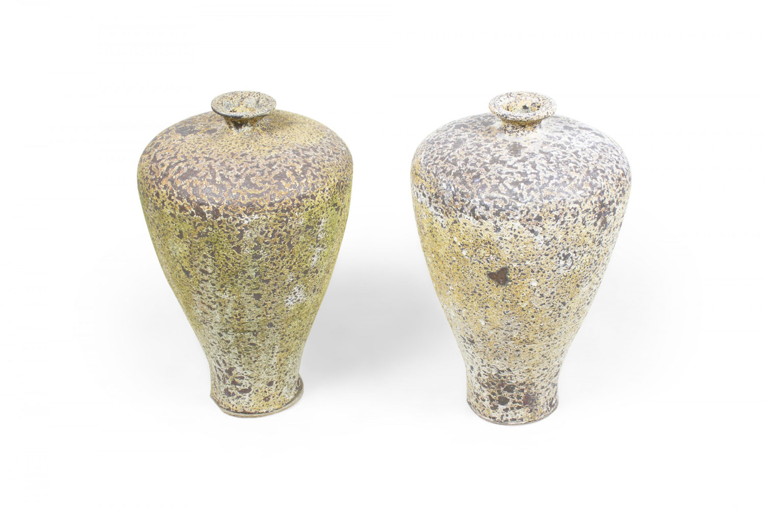 Pair of Outdoor Meiping Form Cast Iron Urns with Beige and Brown Patina