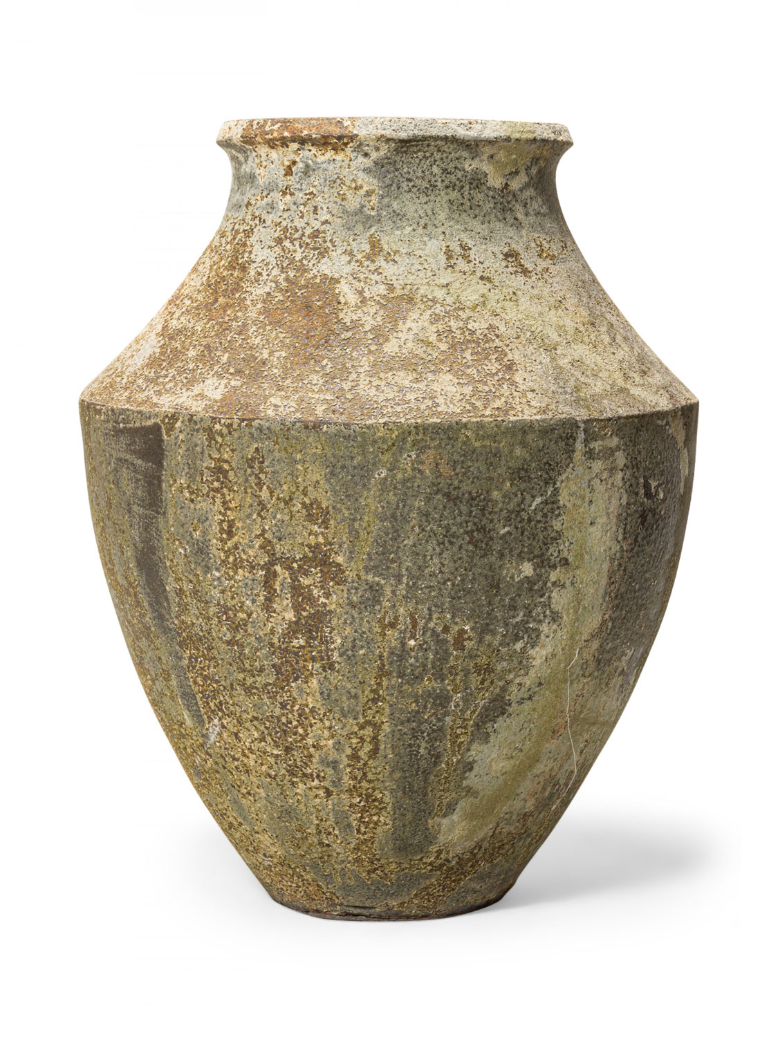 Monumental Cast Iron Outdoor Urn Vase with Beige and Brown Patina