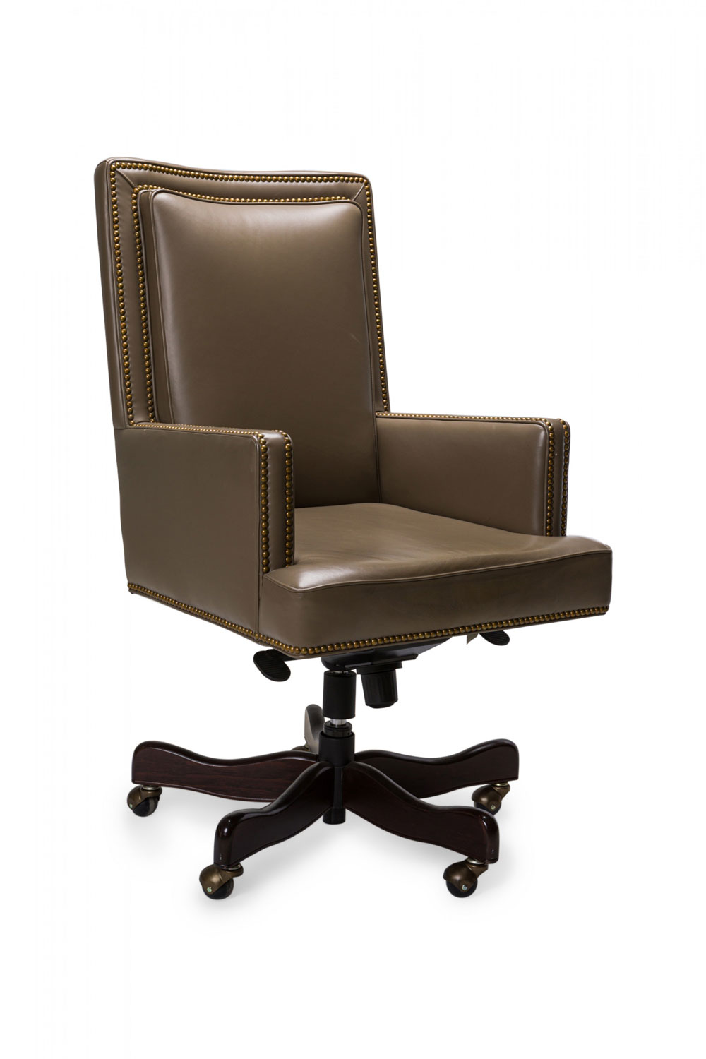 Contemporary Taupe Leather Brass Studded Swivel Rolling Office Chair