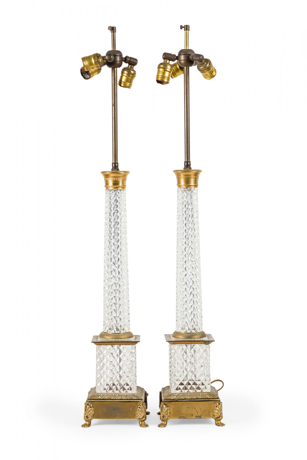 Pair of French Mid Century Diamond Cut Crystal Column Table Lamps