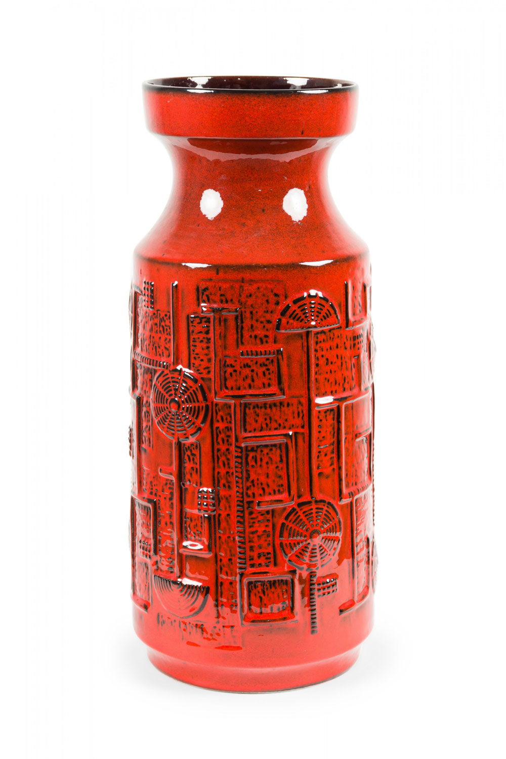 Bay Keramik West German Mid Century Deep Red and Black Raised Geometric Patterned Ceramic Vase Bodo Mans Narvik