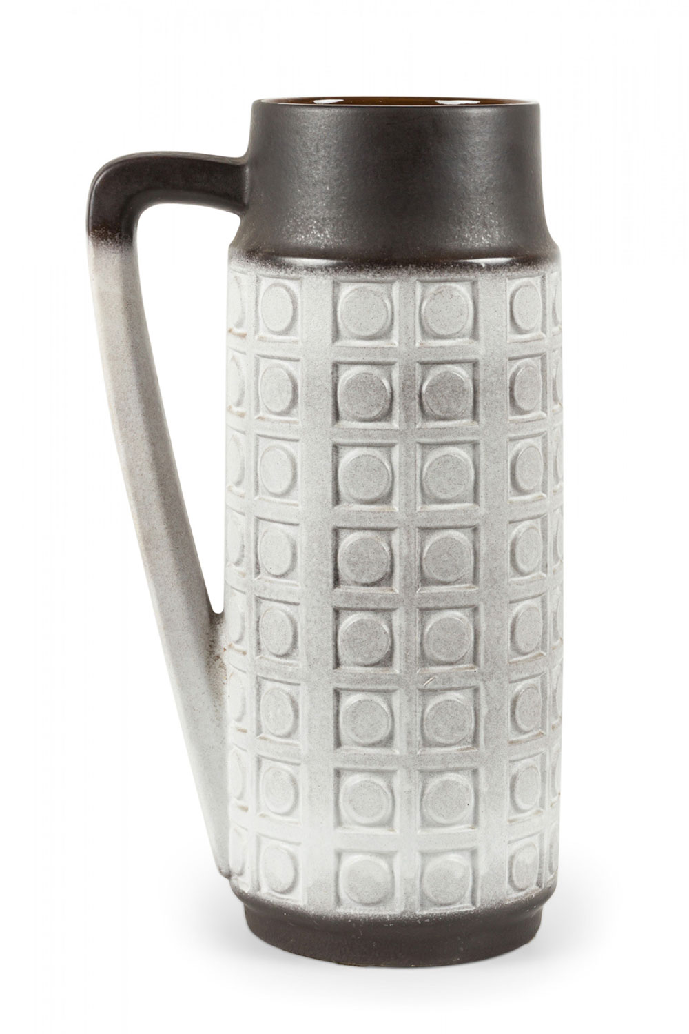 Mid Century West German Circle and Square Patterned White and Brown Glazed Ceramic Handled Vase