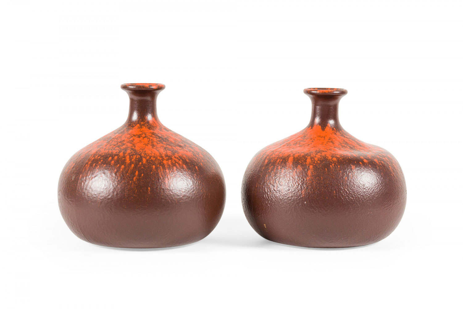 Pair of Mid Century Textured Brown and Orange Speckled Glazed Ceramic Vase