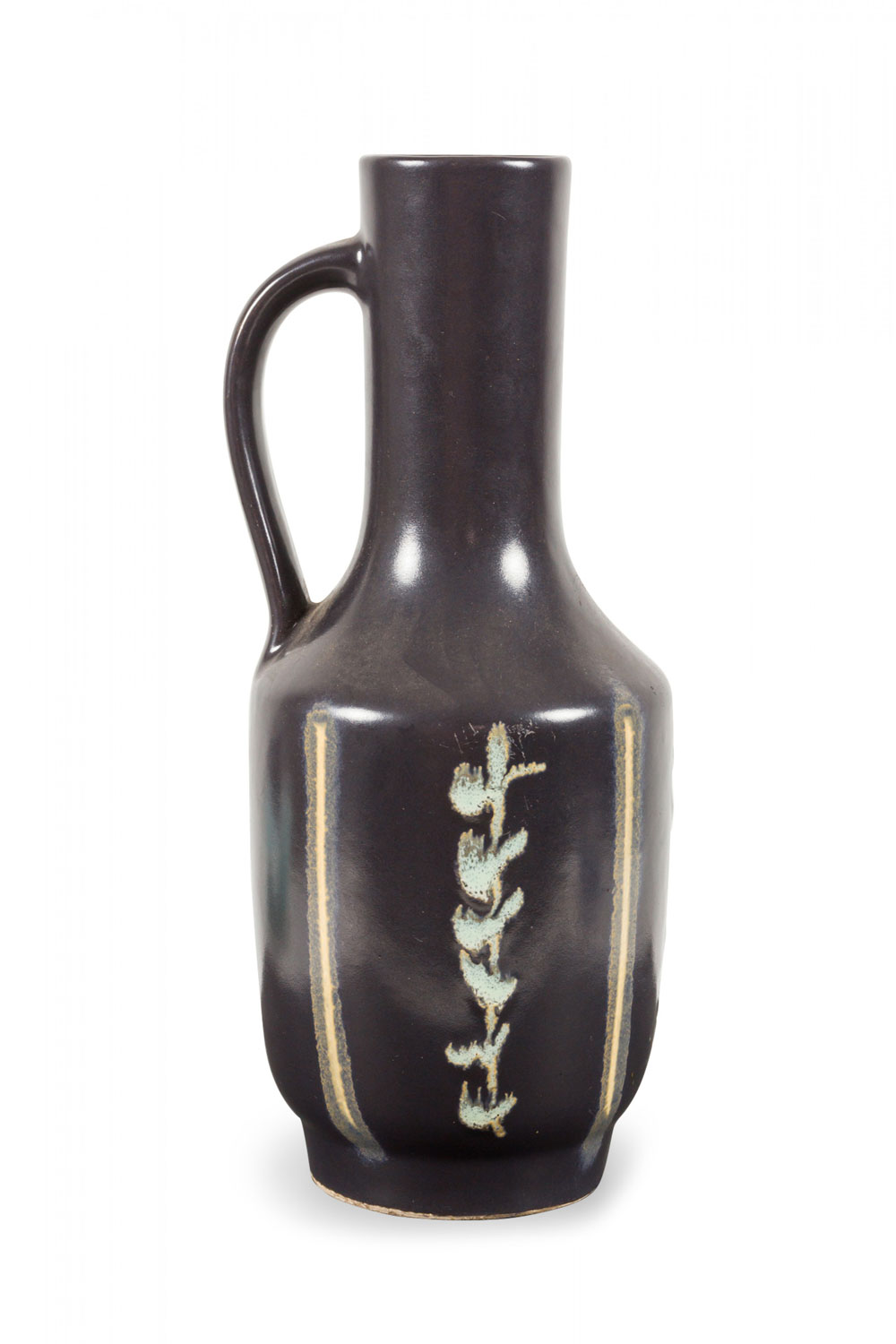 German Mid Century Vertical Vine Design Black Glazed Ceramic Handled Vase