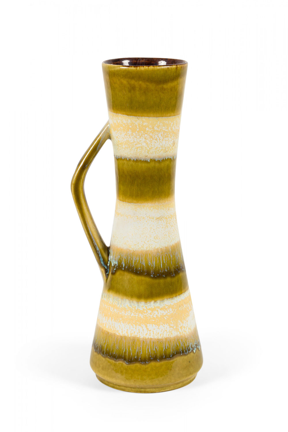 Bay Keramik West German Mid Century Yellow Green and Beige Striped Glaze Ceramic Handled Vase