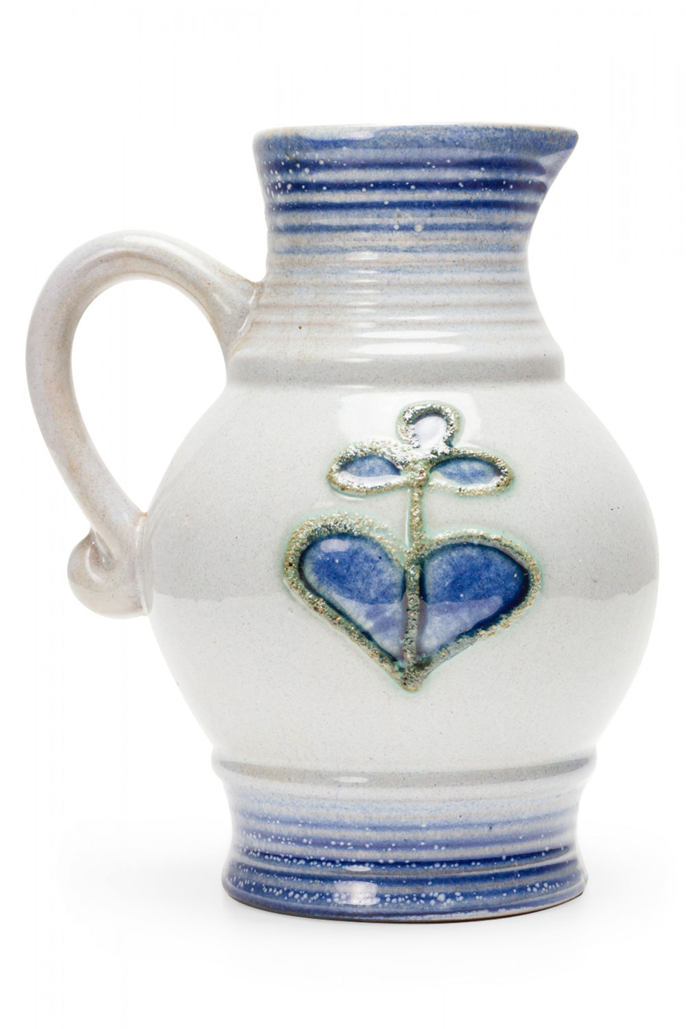 Strehla Keramik East German Mid Century Raised Floral Design Blue and Gray Ceramic Pitcher