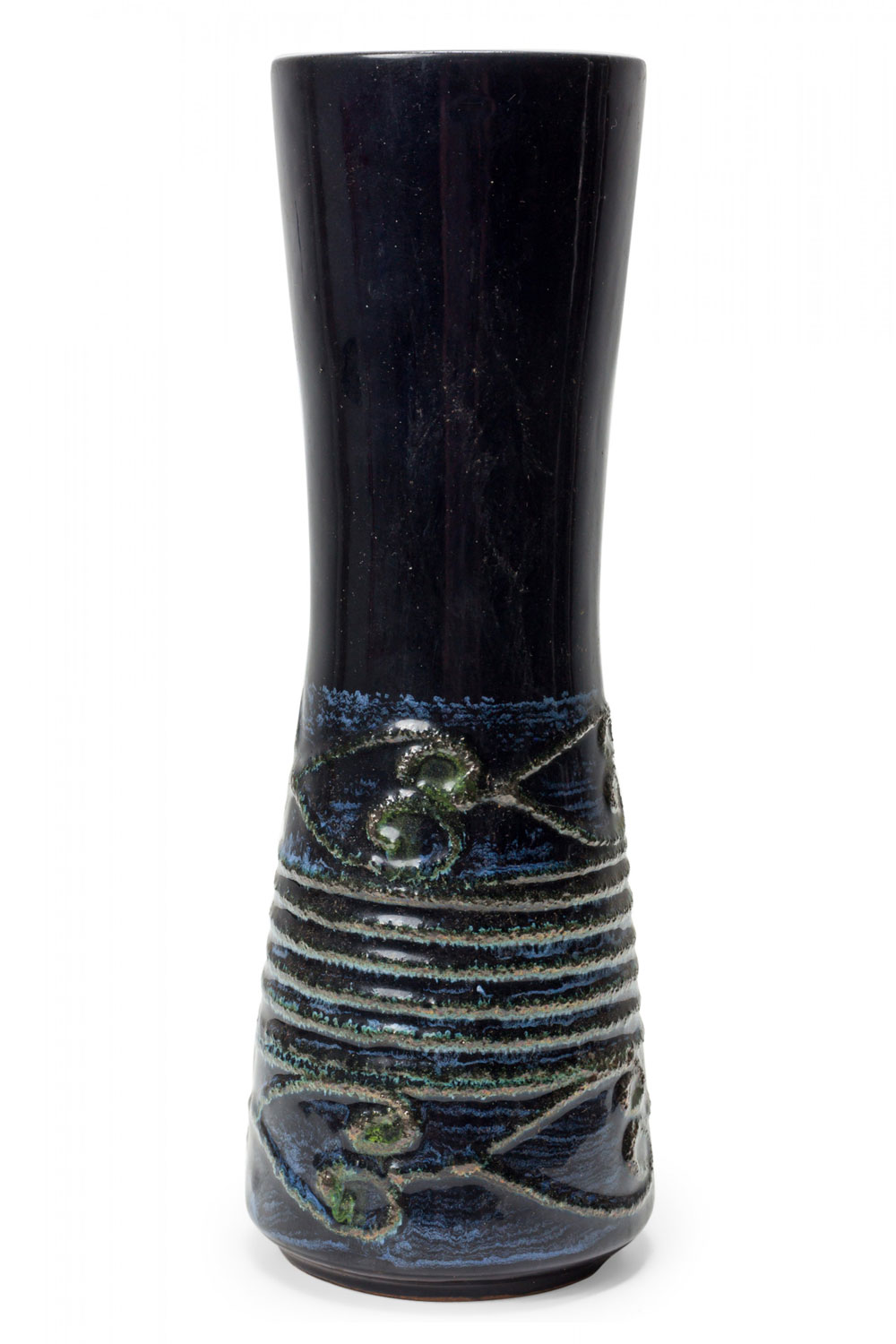 Strehla Keramik East German Mid Century Deep Blue Raised Banded Pattern Glazed Ceramic Vase