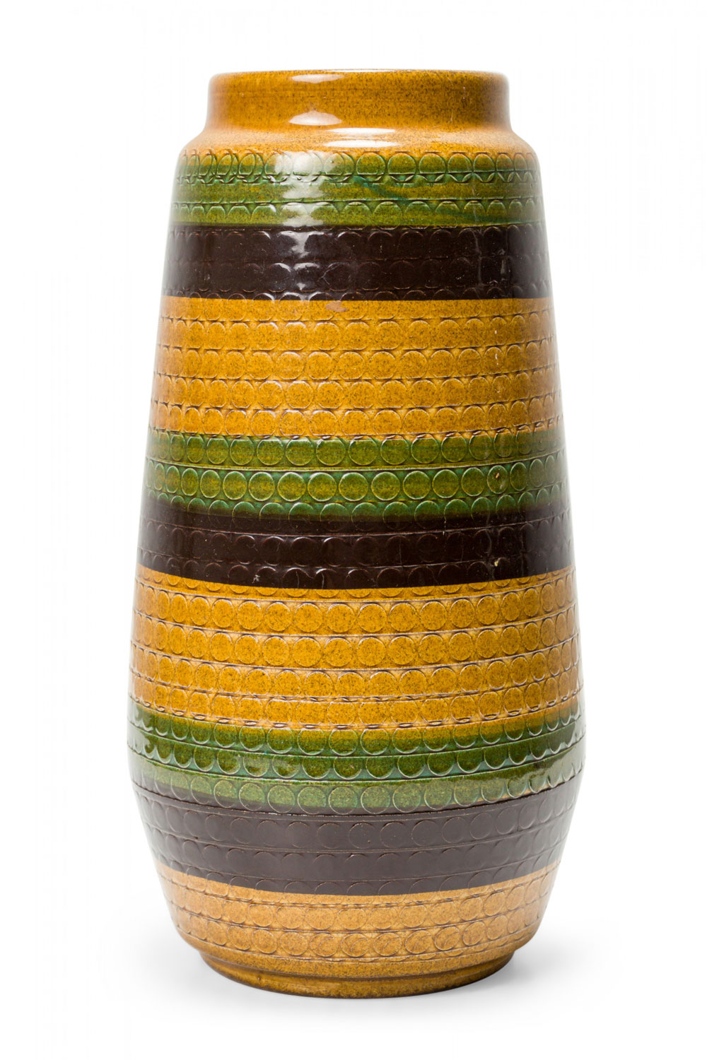 West German Mid Century Brown Gold and Green Textured Striped Glazed Ceramic Vase