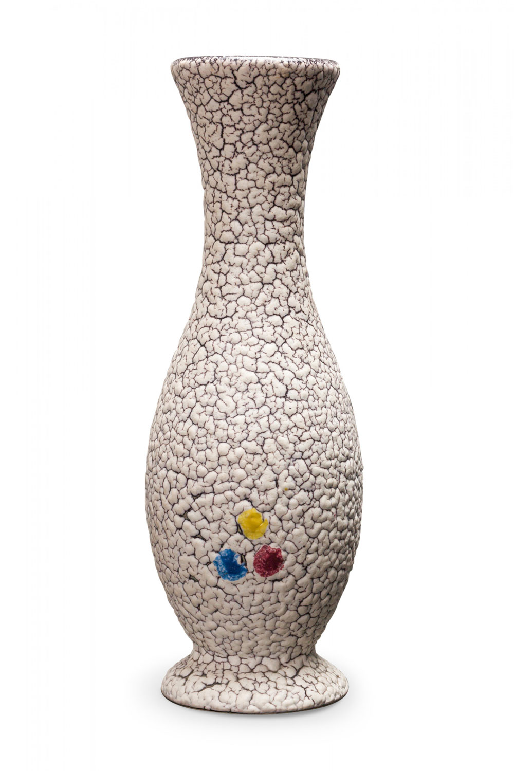 Jasba German Mid Century White Crackle and Primary Color Dot Design Footed Ceramic Vase