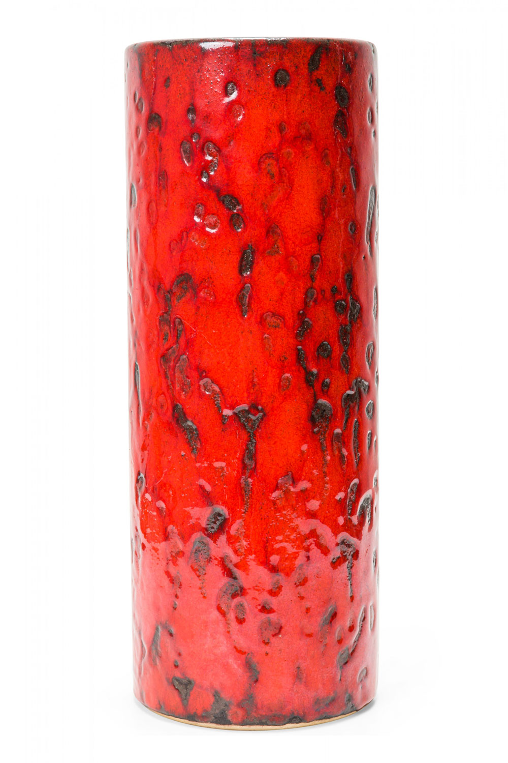 West German Mid Century Cylindrical Black and Red Fat Lava Glazed Ceramic Vase